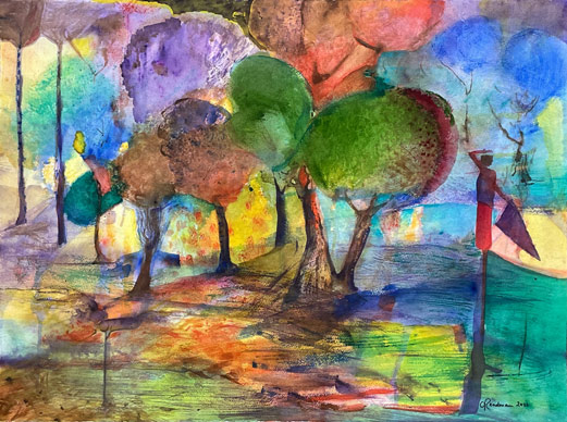 Carol Readman nz abstract watercolour art, Purple parasol